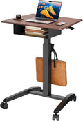 JOY worker Height Adjustable Rolling Laptop Desk with Shelf,Mobile Standing Desk,Pneumatic Mobile Laptop Table with Wheels for Couch Home Office School,Holds Up to 22lbs,Dark Walnut
