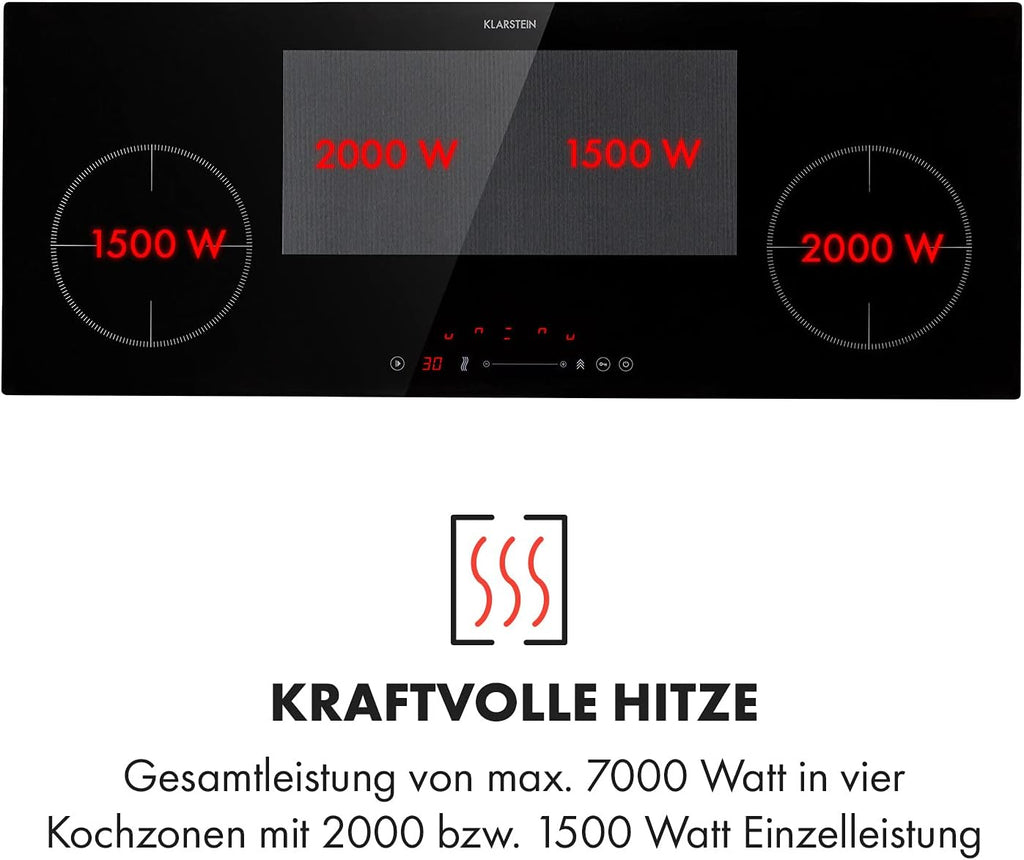 Klarstein Delicatessa 90 Slim Induction Hob Self-Sufficient, Built-In Flex Zone 90 cm, 4 Zones, 7000 W, 9 Power Levels, Booster, Pan Detection, Timer, Glass Ceramic, Hob, Black