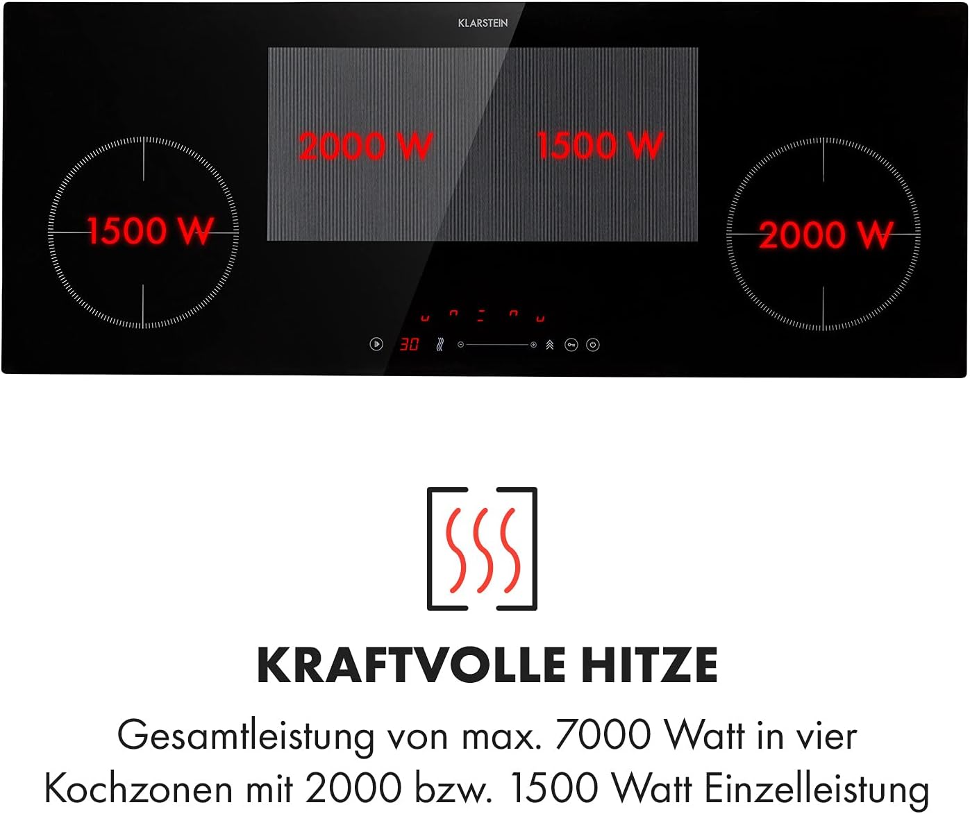 Klarstein Delicatessa 90 Slim Induction Hob Self-Sufficient, Built-In Flex Zone 90 cm, 4 Zones, 7000 W, 9 Power Levels, Booster, Pan Detection, Timer, Glass Ceramic, Hob, Black