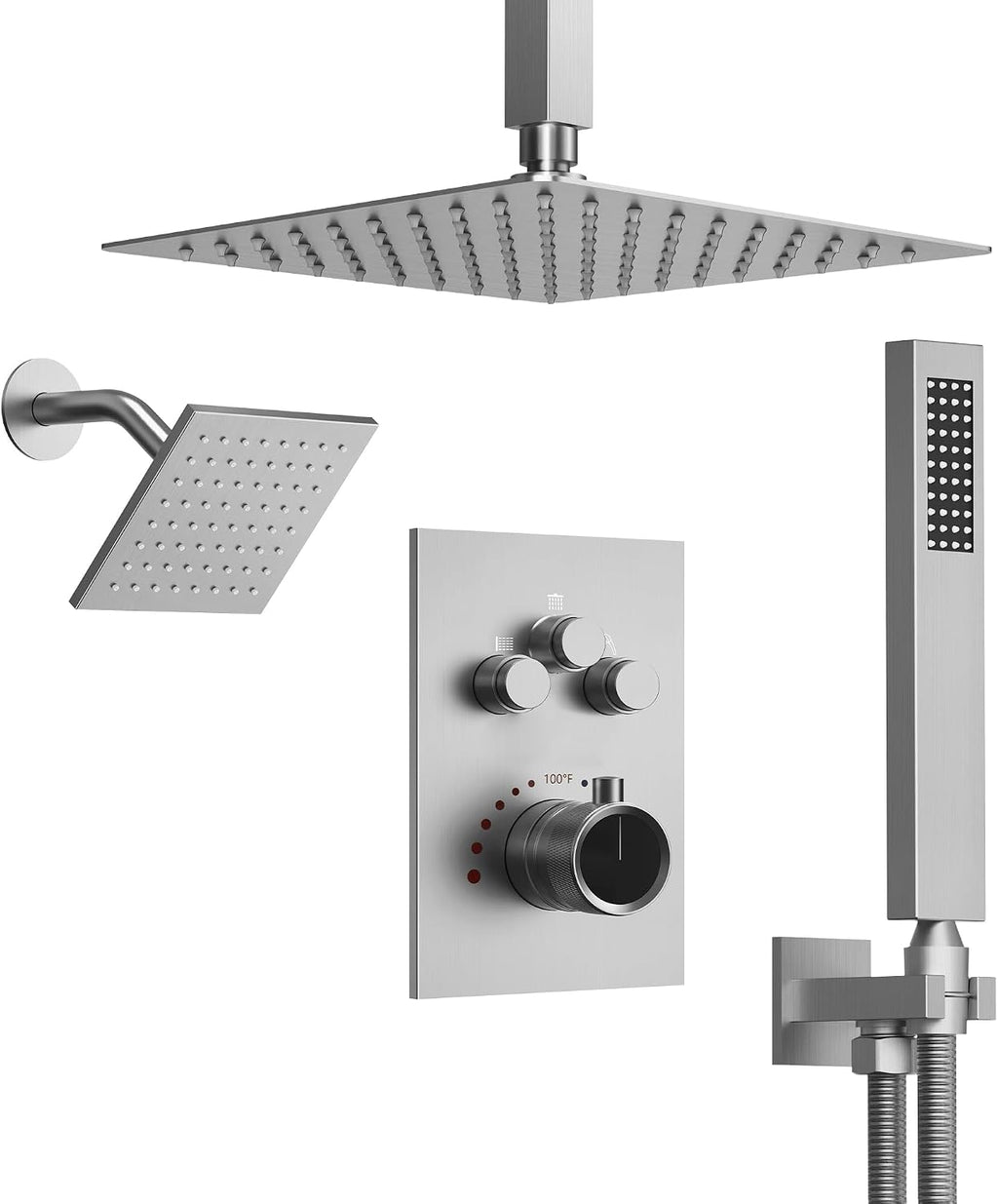 Ceiling Mount 12' High-Pressure Rainfall Shower Faucet, Dual Rainfall Shower Head System with Valve (Brushed Nickel)