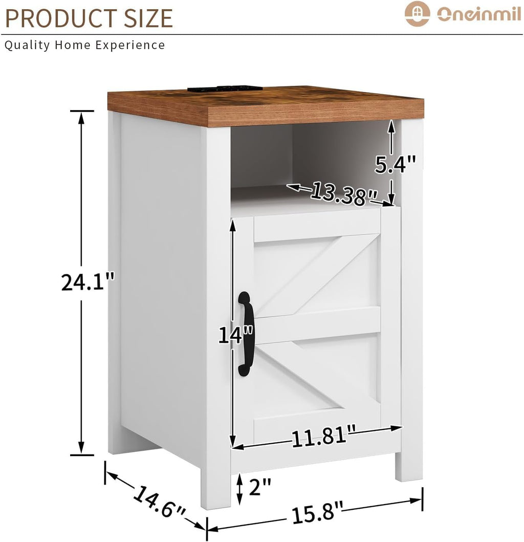 oneinmil End Table with Charging Station, Farmhouse Nightstand with Barn Door, Sofa Side Table with Storage Space 2-Piece Set, Suitable for Livingroom and Bedroom,White
