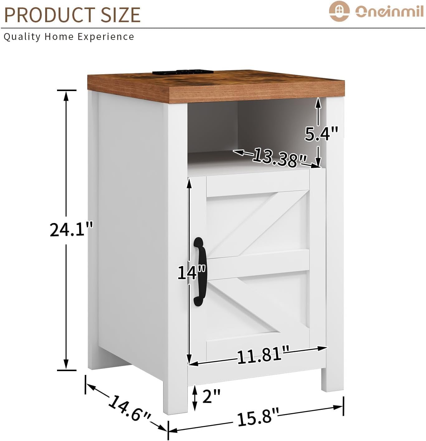 oneinmil End Table with Charging Station, Farmhouse Nightstand with Barn Door, Sofa Side Table with Storage Space 2-Piece Set, Suitable for Livingroom and Bedroom,White