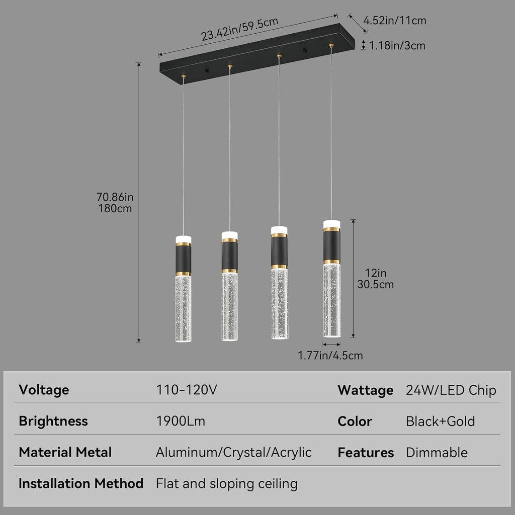 4-Light Pendant Light Fixture, Dimmable LED Kitchen Island Lighting with Bubble Crystal Shades, Modern Black Gold Metal for Dining Room, Foyer, Easy Installation