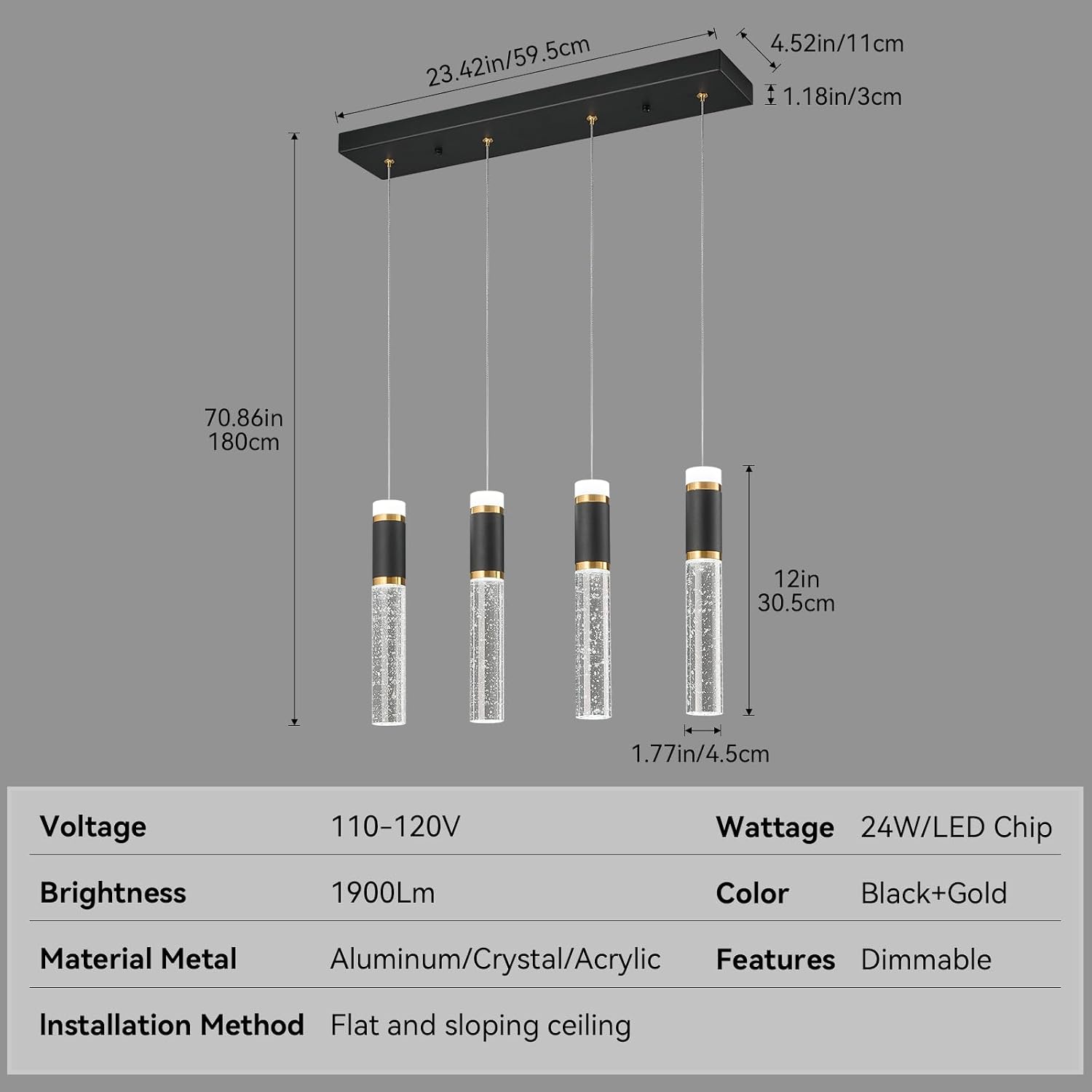 4-Light Pendant Light Fixture, Dimmable LED Kitchen Island Lighting with Bubble Crystal Shades, Modern Black Gold Metal for Dining Room, Foyer, Easy Installation