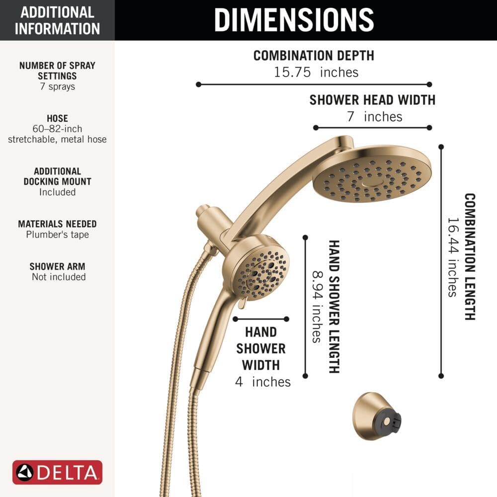 Delta 7-Setting PivotPro 3-in-1 Combination Shower Head with ProClean Spray, Brushed Gold Round Shower Head Rainfall with Handheld Spray, 2.5 GPM, Lumicoat Champagne Bronze 58600-CZ-PR25