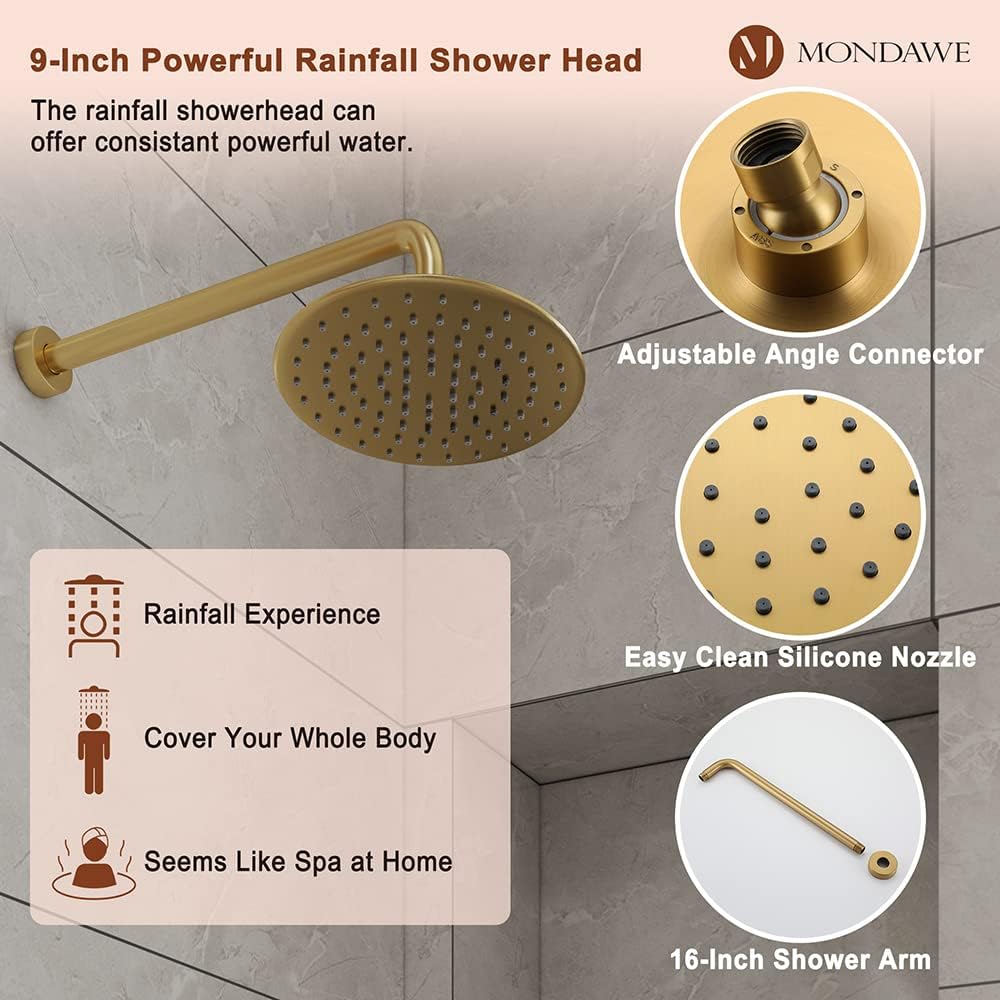 MONDAWE 9 Inch Wall Mounted Shower Faucet Set in Brushed Gold, Rainfall Shower Head with 3-Setting Handheld Spray Shower Set Combo, High Pressure Shower System with Solid Brass Valve