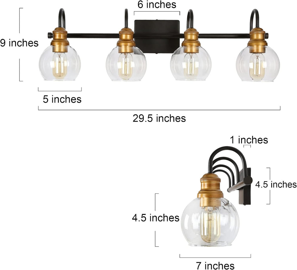 LALUZ Bathroom Vanity Light, 4-Light Black Bathroom Light Fixtures with Oil Rubbed Bronze Finish, Modern Farmhouse Vanity Lights with Clear Globe Glass Shade (L 29.5' x W 7' x H 9')