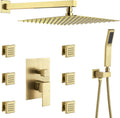 Rain Shower System With Complete 6 Pcs Body Sprays Jets And Pressured Balance Rough-in Valve,12Inch Rainfall Shower Head And Handheld, Modern Brushed Gold Wall Mount Shower Faucets Sets