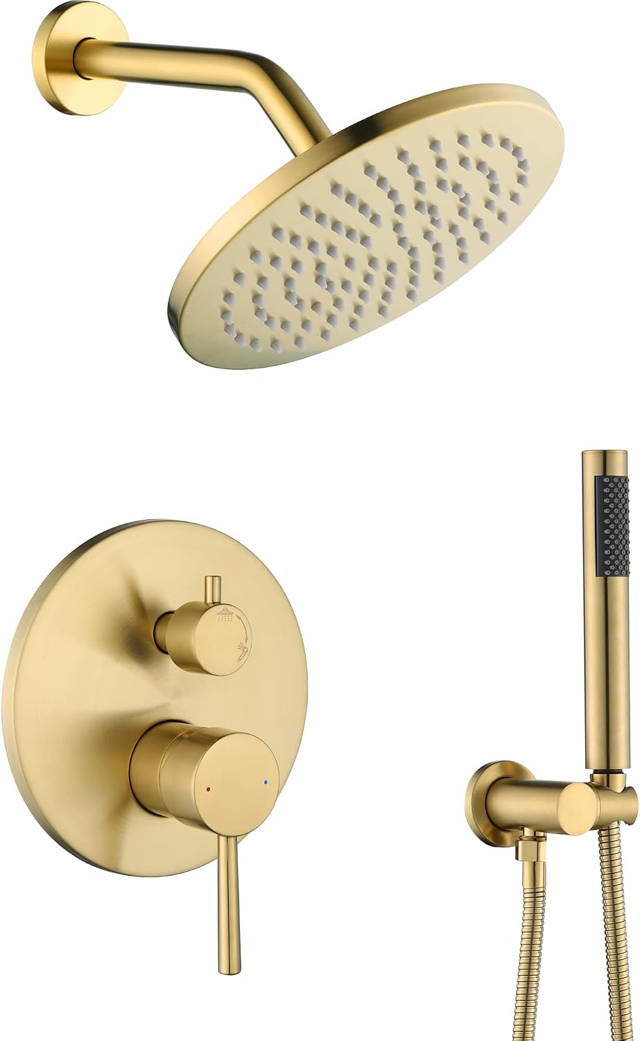 Shower System, Gold Shower Faucet Set, 8' Rainfall Shower Head and Handheld Spray Combo, Round Shower Head and Handle Set with Valve and Trim Kit, Brushed Gold