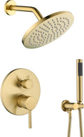 Shower System, Gold Shower Faucet Set, 8' Rainfall Shower Head and Handheld Spray Combo, Round Shower Head and Handle Set with Valve and Trim Kit, Brushed Gold