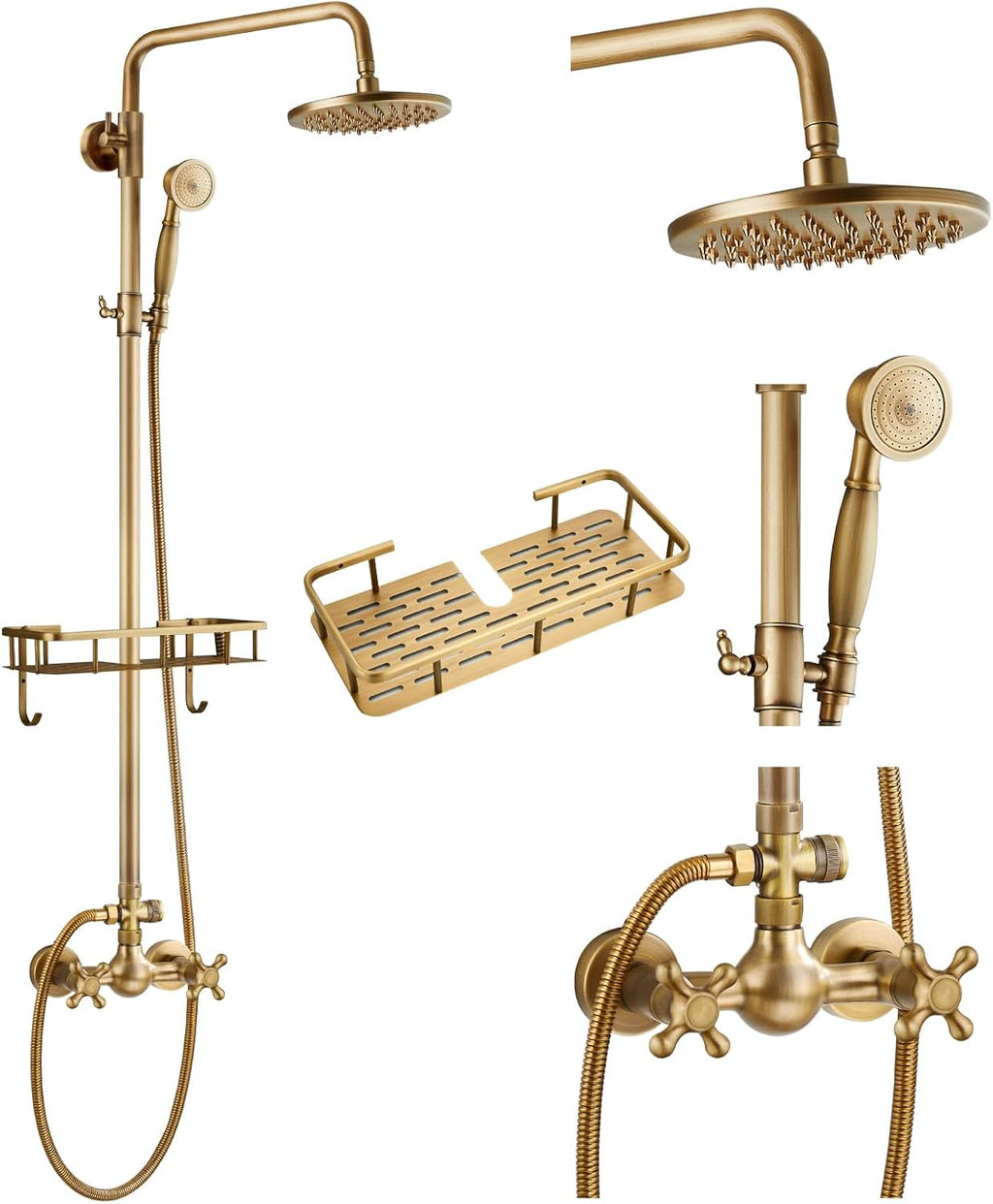 gotonovo Exposed Shower Faucet Set with Shower Shelf 8 inch Rainfall Shower Head with Handheld Sprayer Double Cross Handles Shower System Dual Functions Wall Mounted Antique Brass