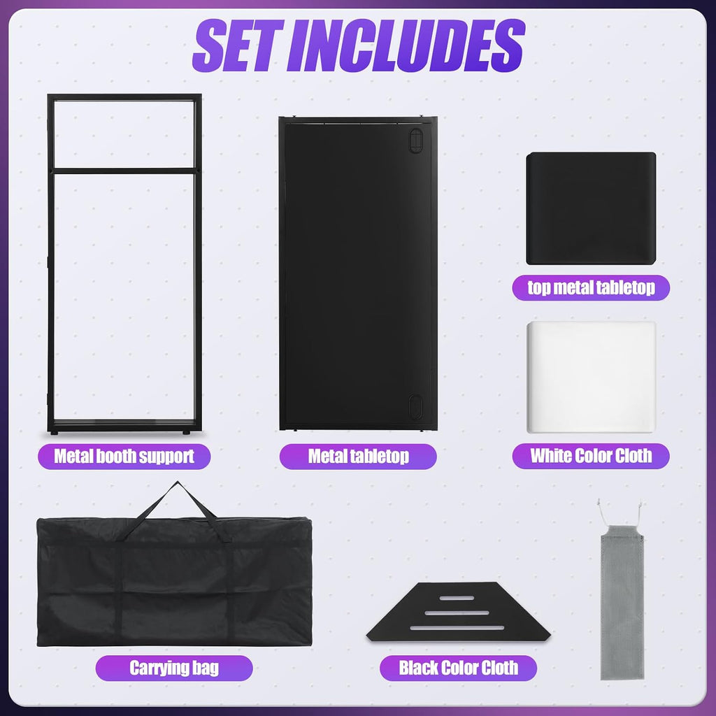 Portable DJ Facade Table Station, 44'x41'x21' DJ Event Booth Facade with Black & White Scrim, Metal Foldable Frame DJ Stand with Carrying Bag
