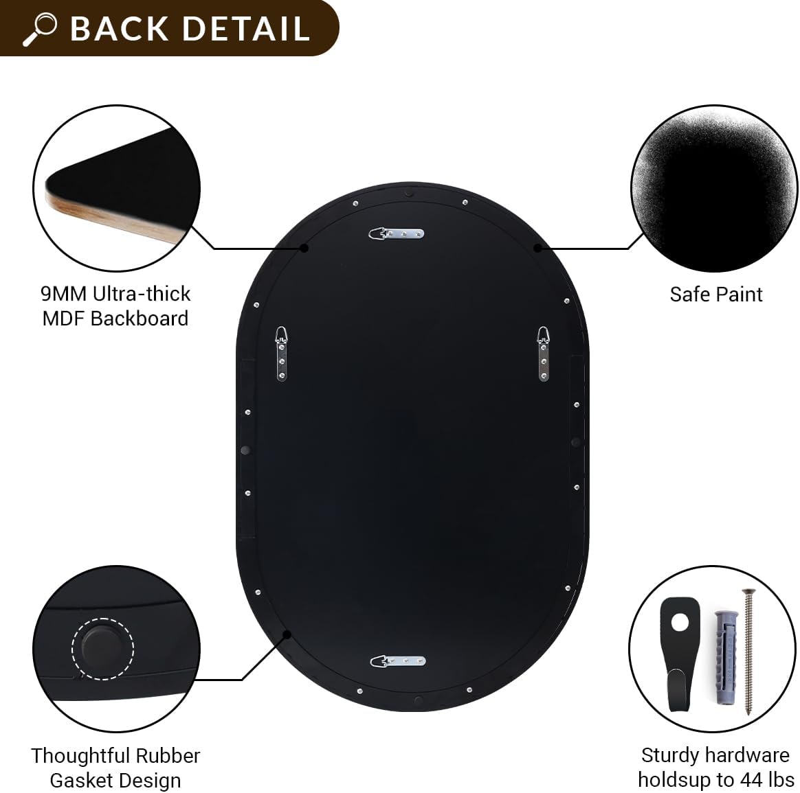 ANDY STAR Black Oval Mirror, 26x38'' Pill Shaped Mirror 1'' Deep Metal Frame Wall Mounted Vertically&Horizontally Ideal for Limited Space