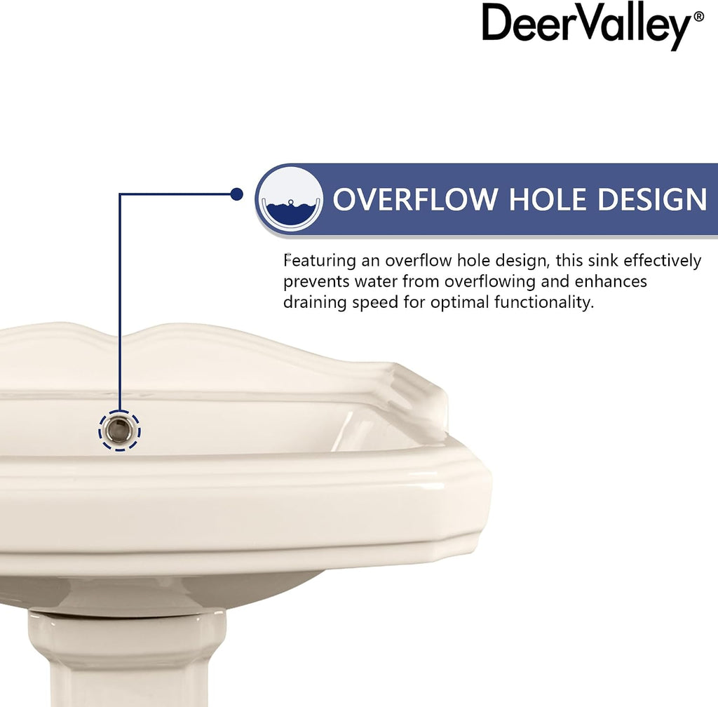 DeerValley 23x19 Inch Bone Colored Pedestal Sink Combo with Overflow and Single Faucet Hole, Ceramic Bathroom Vanity Sink, Model DV-1P522BN01