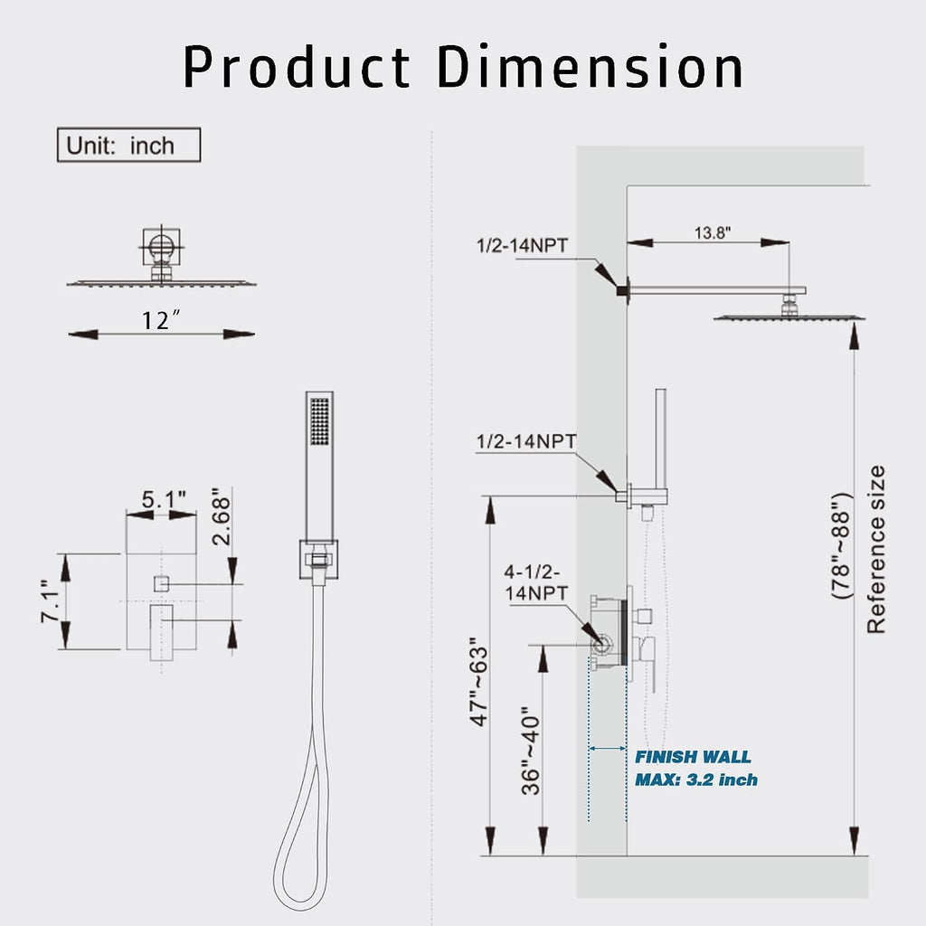 Alesco Shower Faucet Set, Brushed Nickel Shower System with 12-Inch High-Pressure Rainfall Showerheads and Handheld Spray combo, Showerfixture Include Valve and Trim Kit, Brushed Nickel