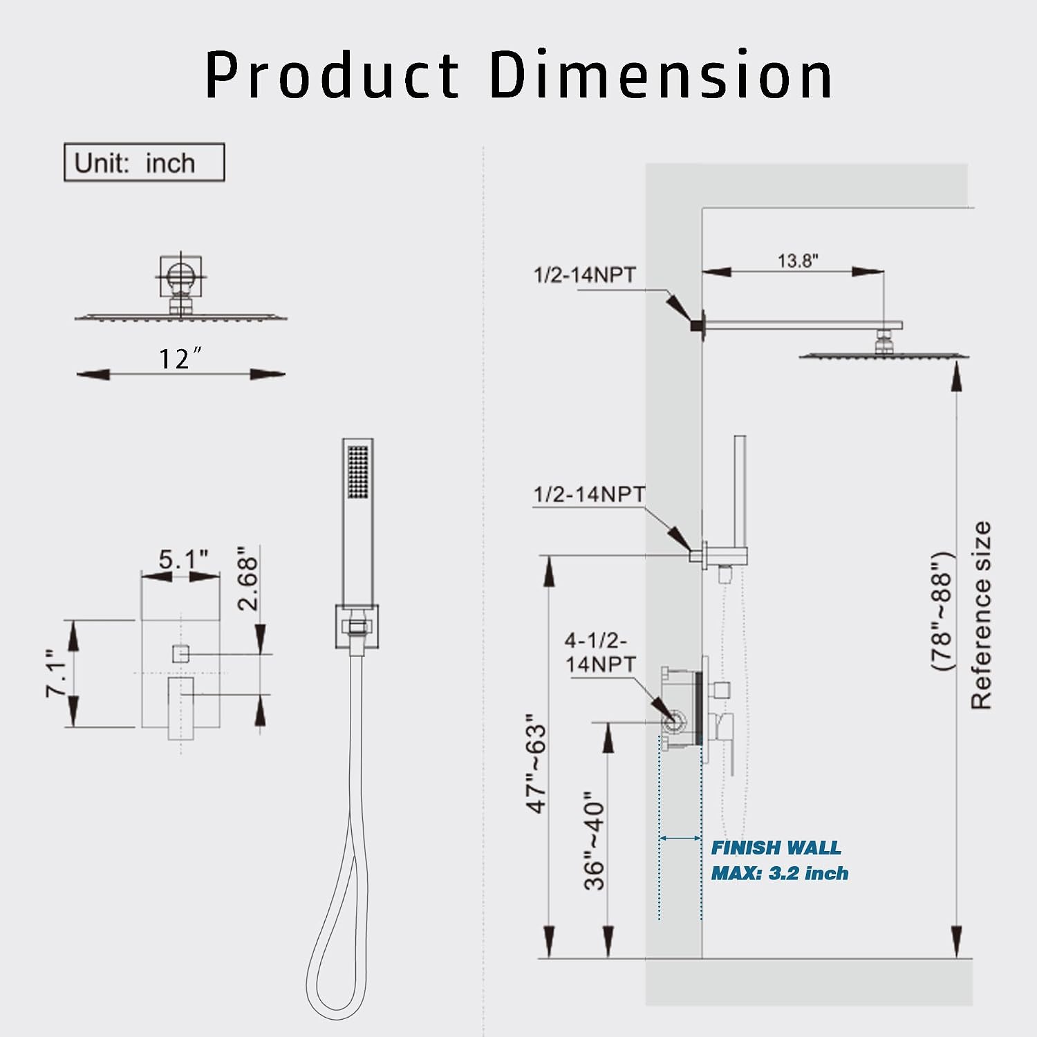 Alesco Shower Faucet Set, Brushed Nickel Shower System with 12-Inch High-Pressure Rainfall Showerheads and Handheld Spray combo, Showerfixture Include Valve and Trim Kit, Brushed Nickel
