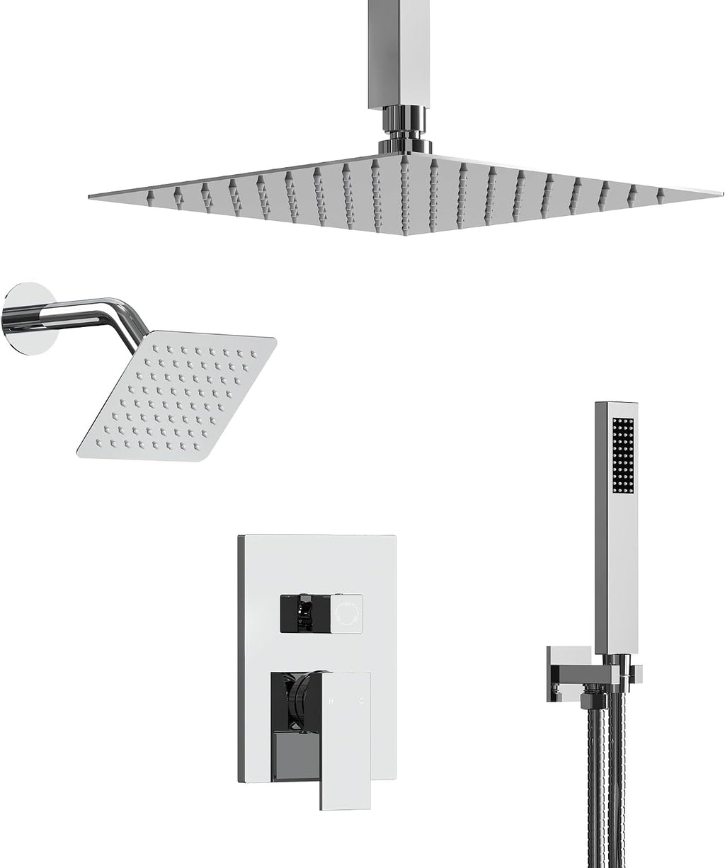 10' High-Pressure Rainfall Shower Faucet, Celling Mount Dual Shower Head System, Polished Chrome