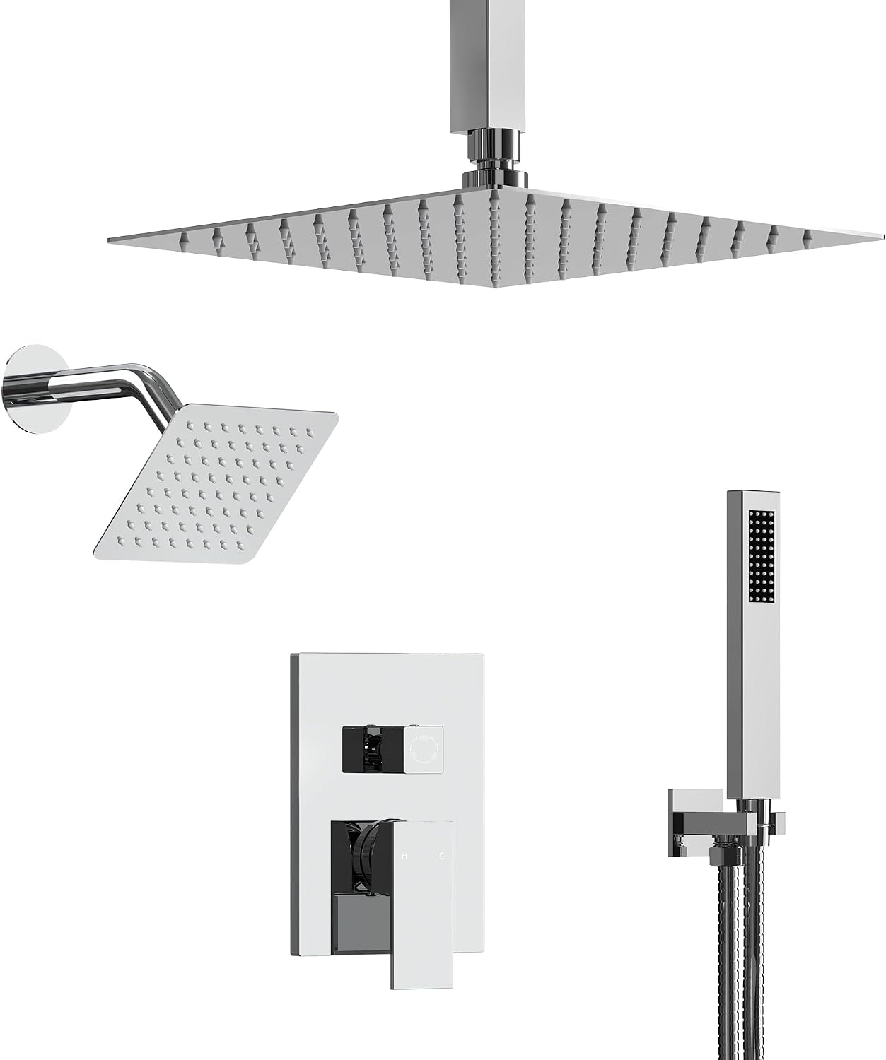 10' High-Pressure Rainfall Shower Faucet, Celling Mount Dual Shower Head System, Polished Chrome