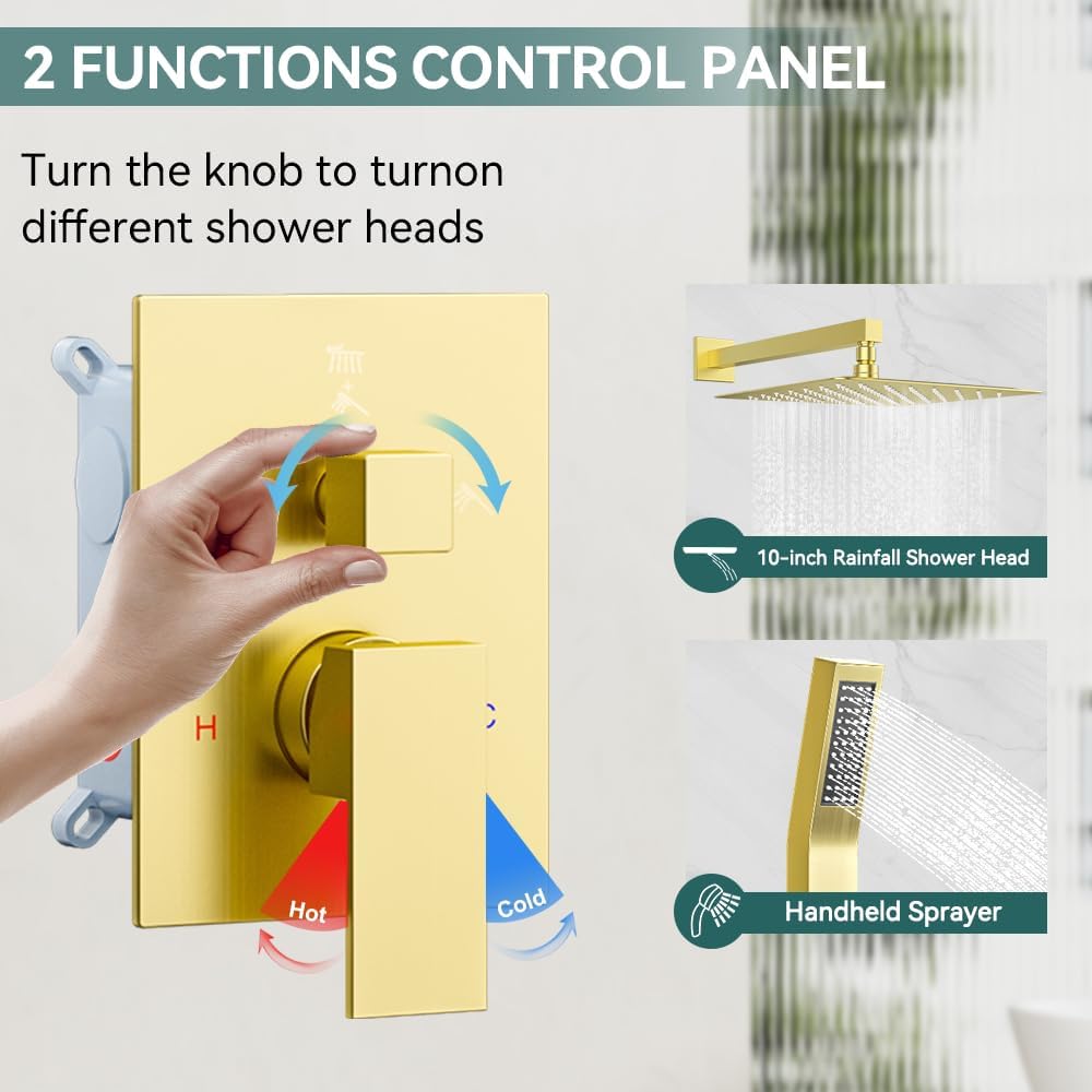 Shower System Shower Faucet Set, STARBATH 10' Wall Mount Rain Shower Head and Handheld Spray for Two Person, Rainfall Shower System with Diverter Valve and Trim Kit Complete,Brushed Gold