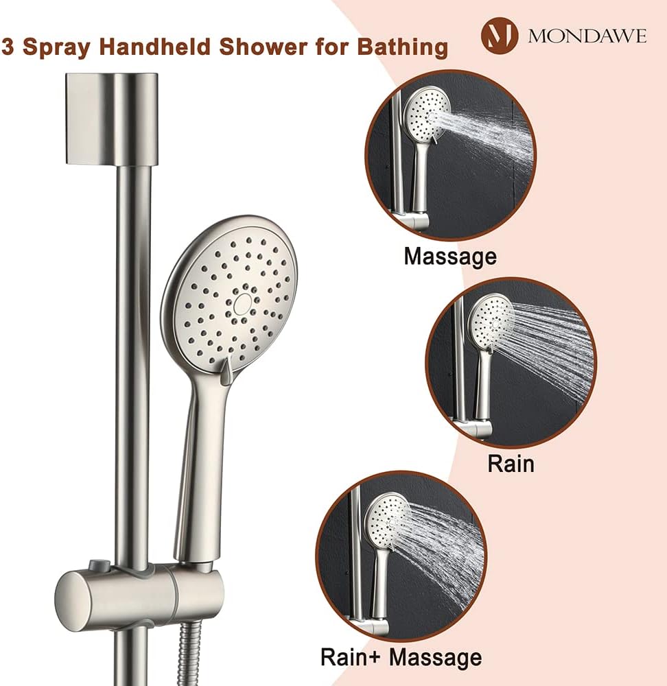 MONDAWE 9 Inch Wall Mounted Shower Faucet Set in Brushed Nickel, Rainfall Shower Head with 3-Setting Handheld Spray Shower Set Combo, High Pressure Shower System with Solid Brass Valve