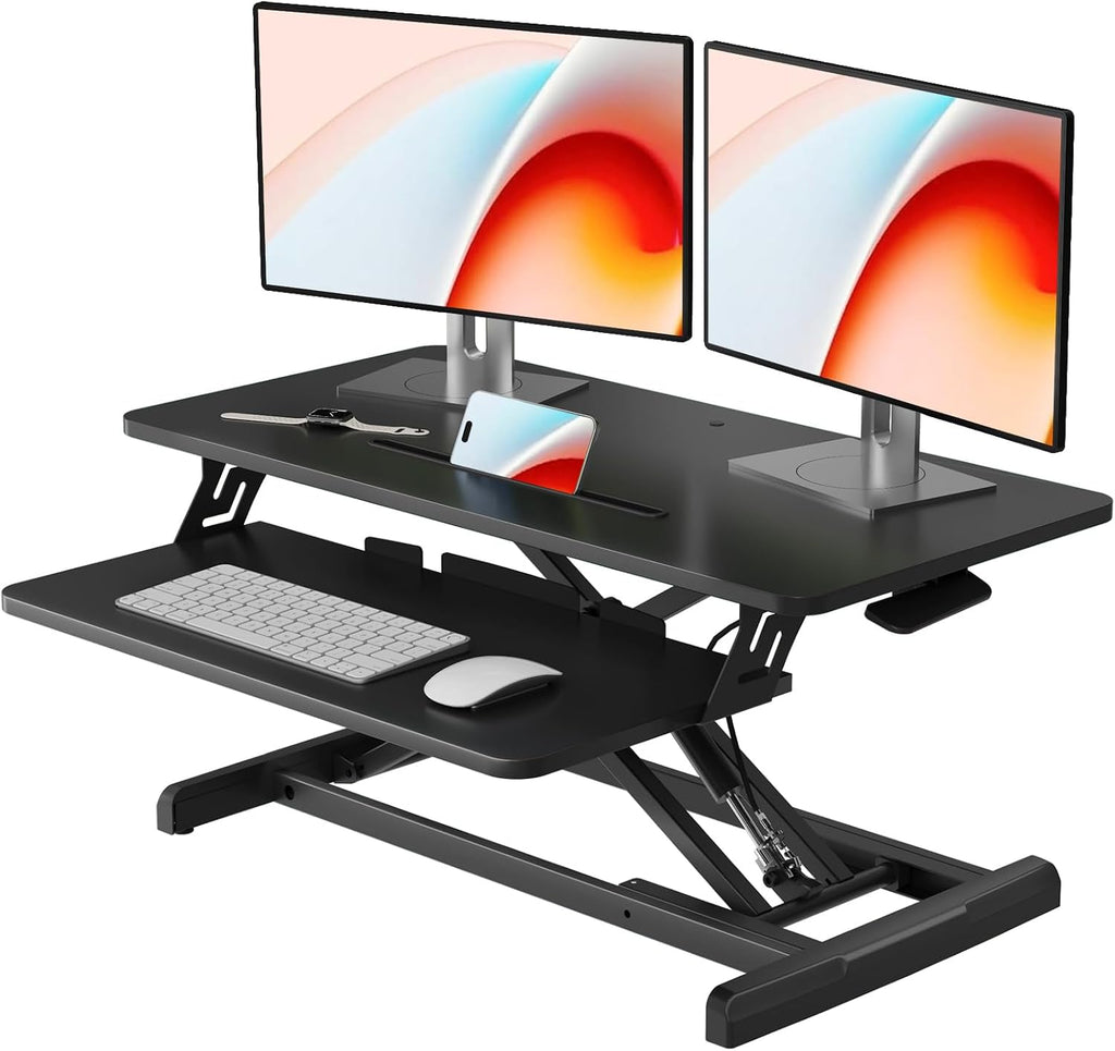 JOY worker Standing Desk Converter, 32' Wide Height Adjustable Sit Stand Up Desk Riser with Keyboard Tray, Desktop Workstation Riser for Home Office Computer Laptop, Particle Board, Black
