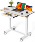 Mobile Standing Desk, 35inch Small Rolling Table with Drawer, Height Adjustable Sit Stand Workstation, White Portable Laptop Cart with Hidden Wheels or Lockable Casters