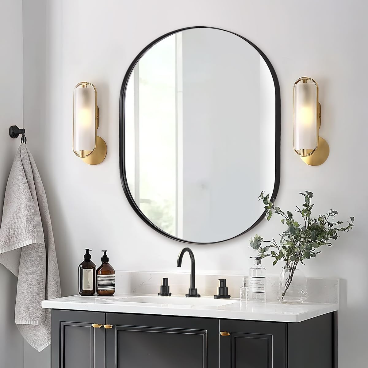 ANDY STAR 30x36'' Oval Mirror, Black Oval Mirror Pill-Shaped Design in Stainless Steel Metal Frame for Bathroom, Entryway, Living Room, Contemporary 1' Deep Wall Mount Vertical or Horizontal