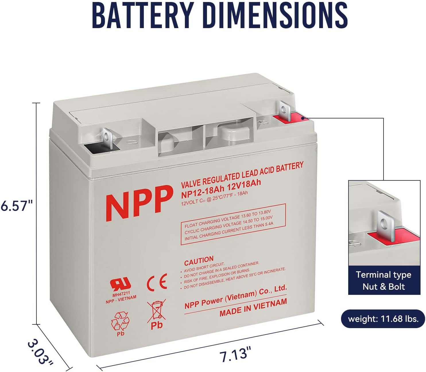 NPP NP12-18Ah (Nut & Bolt, 2 Pcs) NB Terminal 12V 18Ah SLA AGM Rechargeable Battery