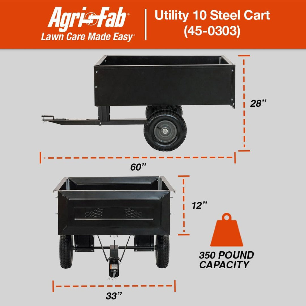 Agri-Fab Inc 350-Pound Steel Tow Behind Dump Cart, 10-Cubic Feet Capacity – Removable Tail Gate, Garden Utility Trailer, Black, Made in the USA; Model # 45-0303