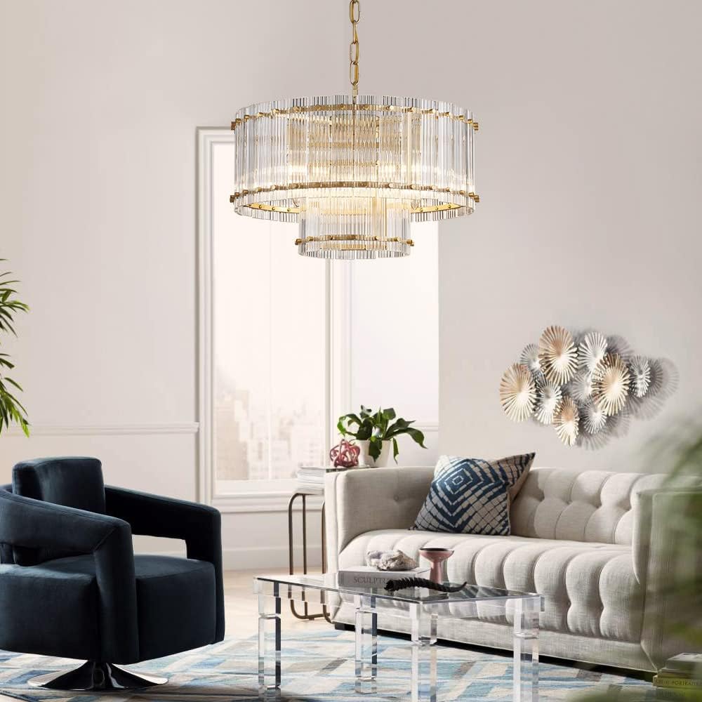 Saint Mossi Drum Glass Chandelier for Dining Room, 7 Light Gold Pendant Chandelier Light Fixture, Doule Layer Design, D18 x H10, Adjustable 59' Chains, Ripple Glass Shade & Gold Finish Metal Frame
