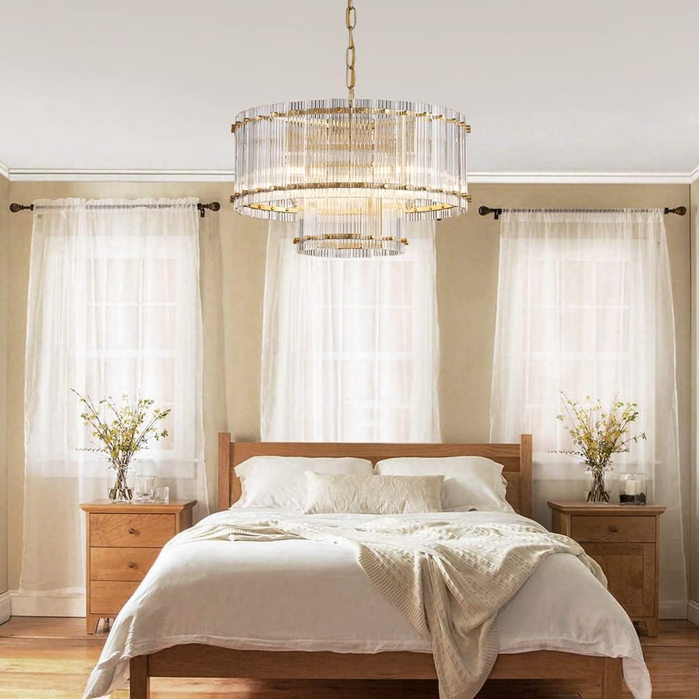 Saint Mossi Drum Glass Chandelier for Dining Room, 7 Light Gold Pendant Chandelier Light Fixture, Doule Layer Design, D18 x H10, Adjustable 59' Chains, Ripple Glass Shade & Gold Finish Metal Frame