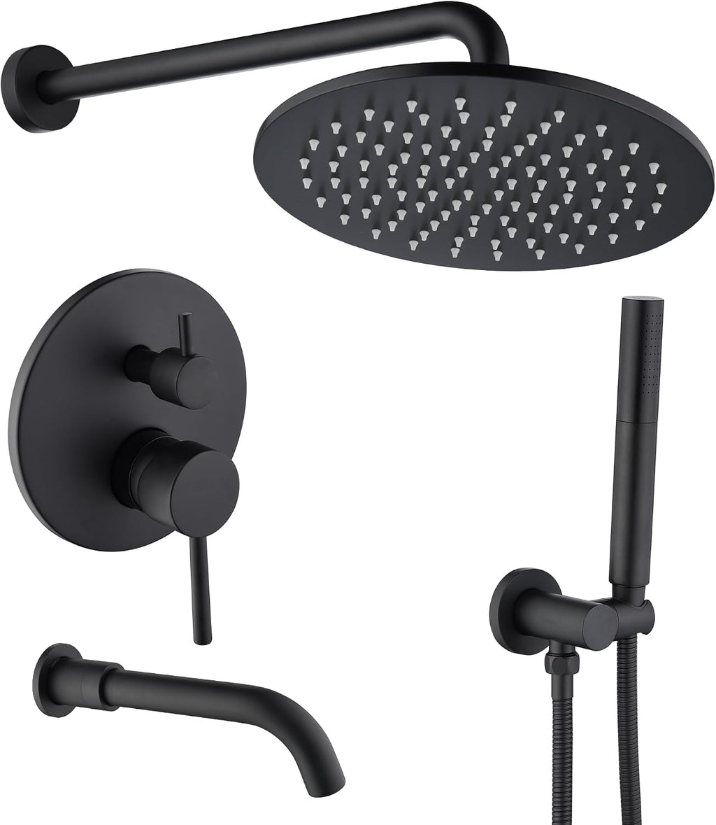 3 Functions Shower System with Tub Spout, 10' Round Wall Mounted Rain Shower System, High-Pressure Shower Head with 2 Modes Handheld Spray, Matte Black Shower Head System