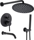 3 Functions Shower System with Tub Spout, 10' Round Wall Mounted Rain Shower System, High-Pressure Shower Head with 2 Modes Handheld Spray, Matte Black Shower Head System