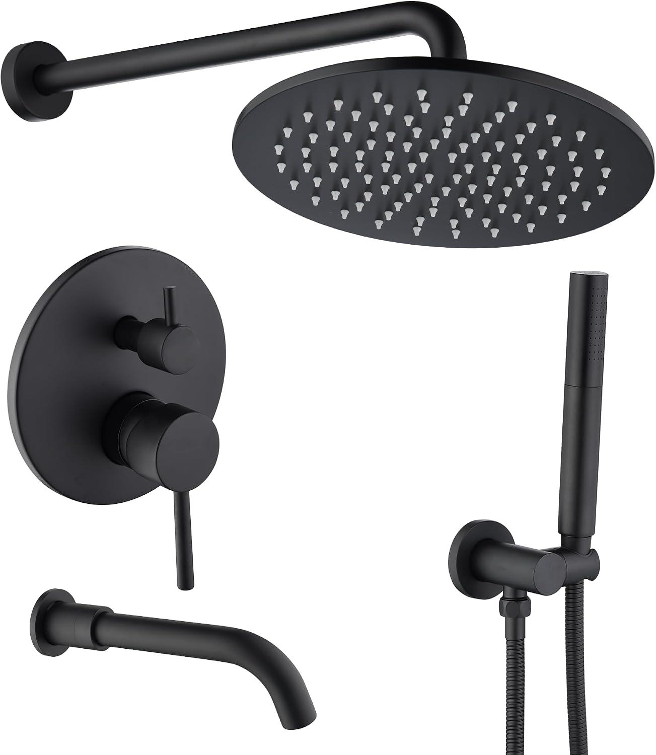 3 Functions Shower System with Tub Spout, 10' Round Wall Mounted Rain Shower System, High-Pressure Shower Head with 2 Modes Handheld Spray, Matte Black Shower Head System