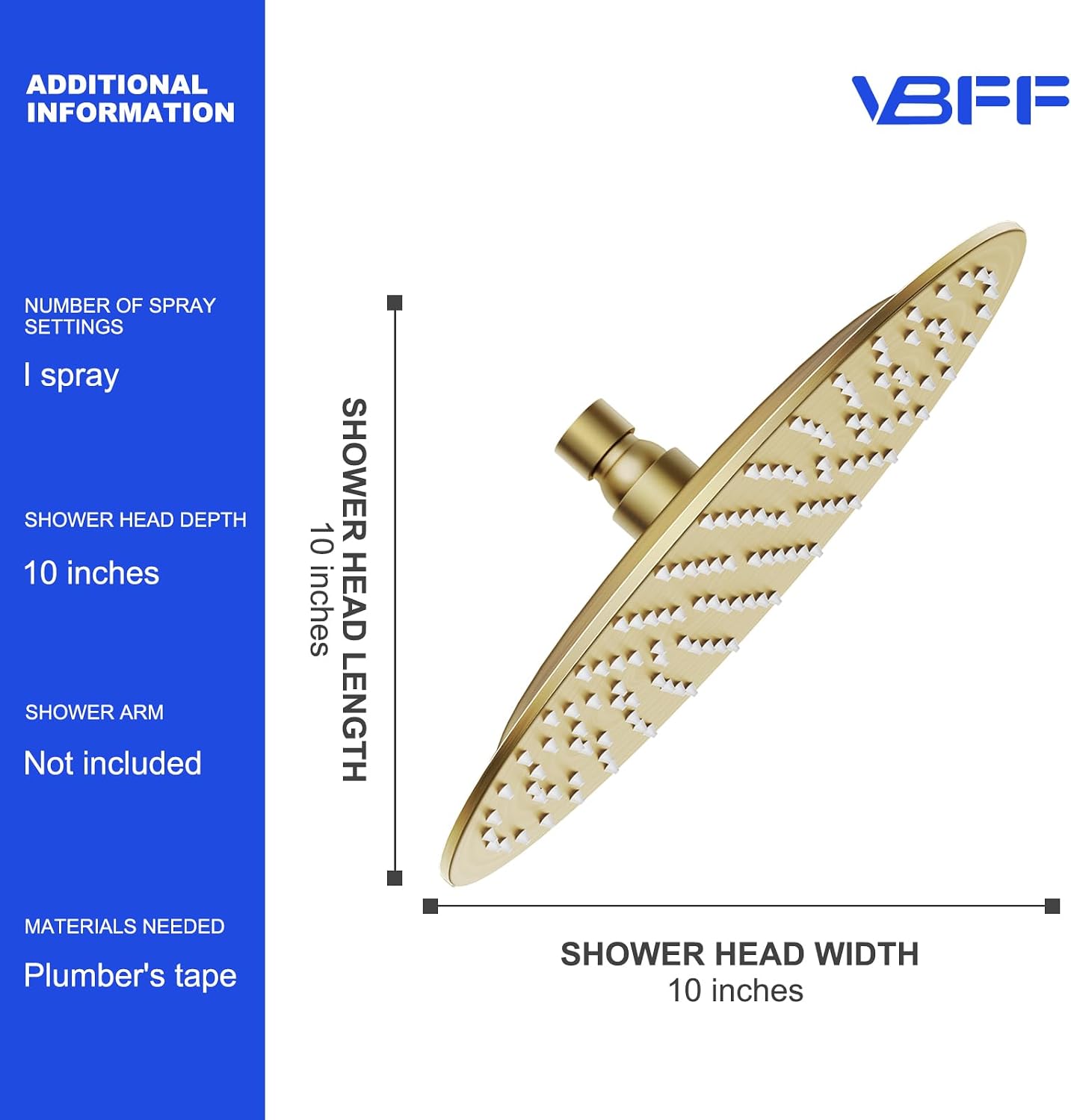 VBFF-Shower Head,rain shower head, 10 inch- Round Shower Head, 1.8 GPM Flow Rate, rainfall showerhead,VBFF12 (Brushed Gold)