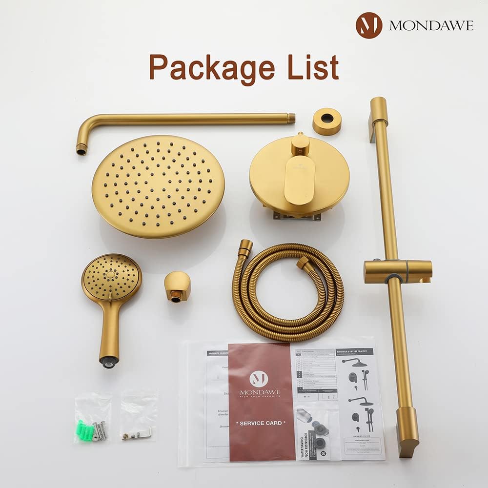 MONDAWE 9 Inch Wall Mounted Shower Faucet Set in Brushed Gold, Rainfall Shower Head with 3-Setting Handheld Spray Shower Set Combo, High Pressure Shower System with Solid Brass Valve