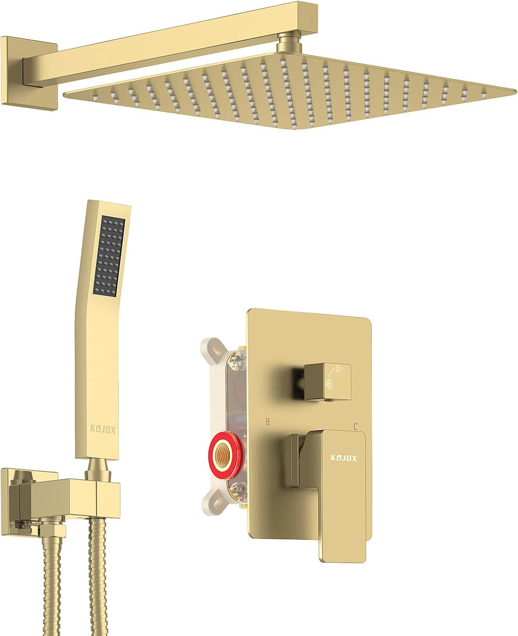 KOJOX Shower System Bathroom Luxury 10 Inch Rain Shower Head with Handheld Mixer Shower Combo Set Wall Mounted Shower Faucet Trim with Valve Brush Gold