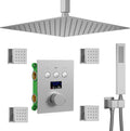 Brushed Nickel Shower System 12 Inch Ceiling Digital Temperature Display Display Shower Faucets Sets Complete Push Button Full Body Shower System with Body Jet, Can Simultaneous Operation