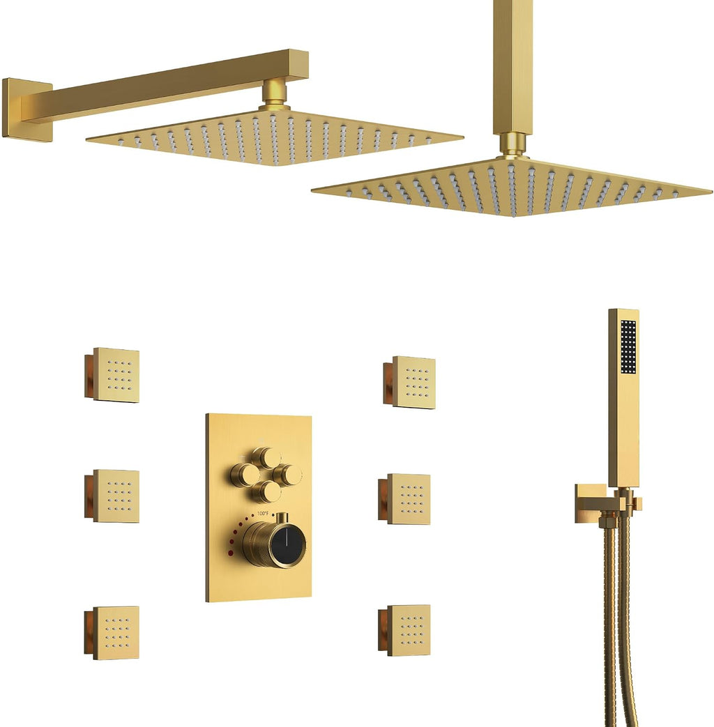 12' High-Pressure Rainfall Shower Faucet with Valve for Bathroom, Dual Rainfall Shower Head System with 6 Body Jets, Rough in-Valve (Brushed Gold)