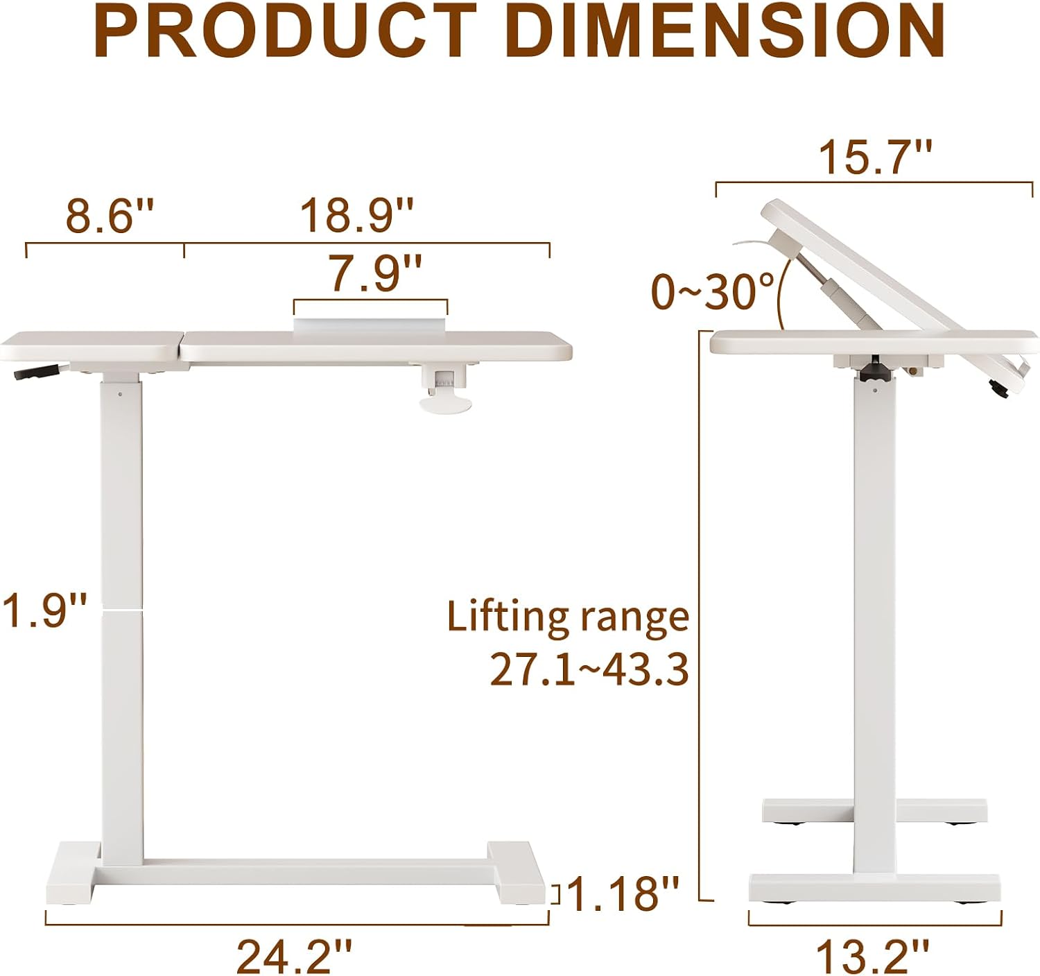 Solid Wood Overbed Bedside Table with Wheels, Tilting Adjustable Hospital Bed Table Over The Bed, Medical Mobile Laptop Stand, Rolling Standing Desk for Hospital and Home Use(White)