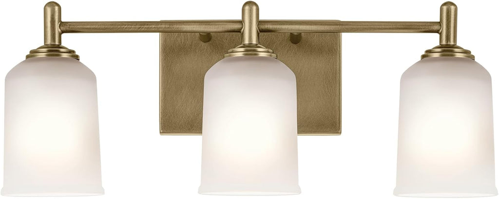 KICHLER Shailene 21' 3-Light Vanity Light with Clear Satin Etched Glass in Natural Brass for Over a Vanity, Updated Traditional Style, (21' x 8.25'), 45574NBR