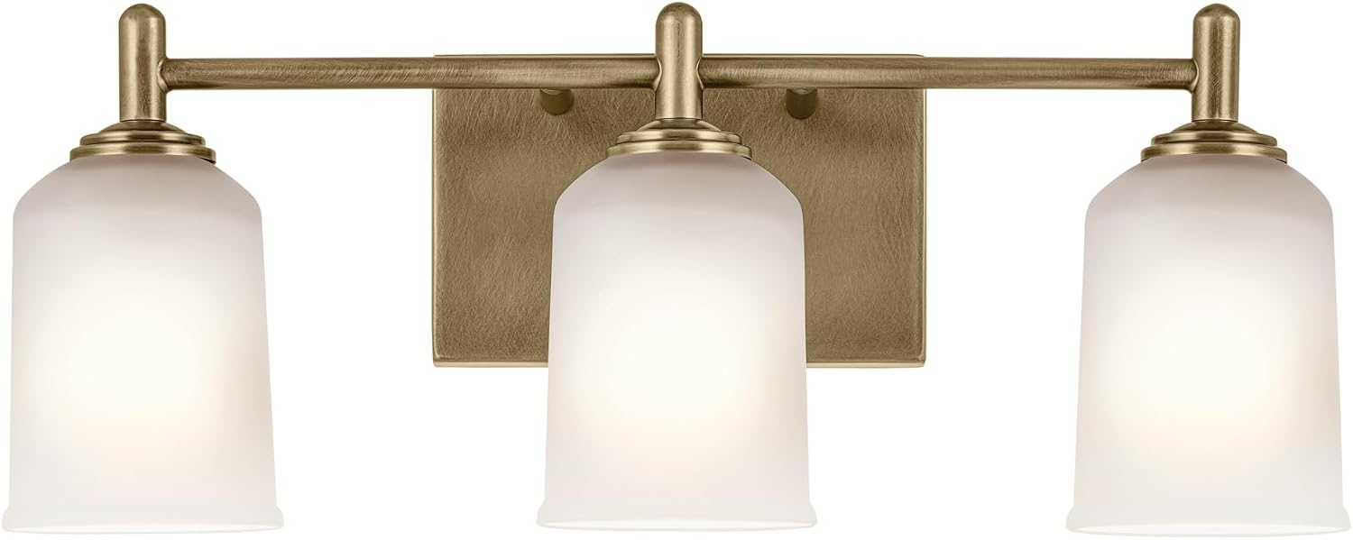 KICHLER Shailene 21' 3-Light Vanity Light with Clear Satin Etched Glass in Natural Brass for Over a Vanity, Updated Traditional Style, (21' x 8.25'), 45574NBR