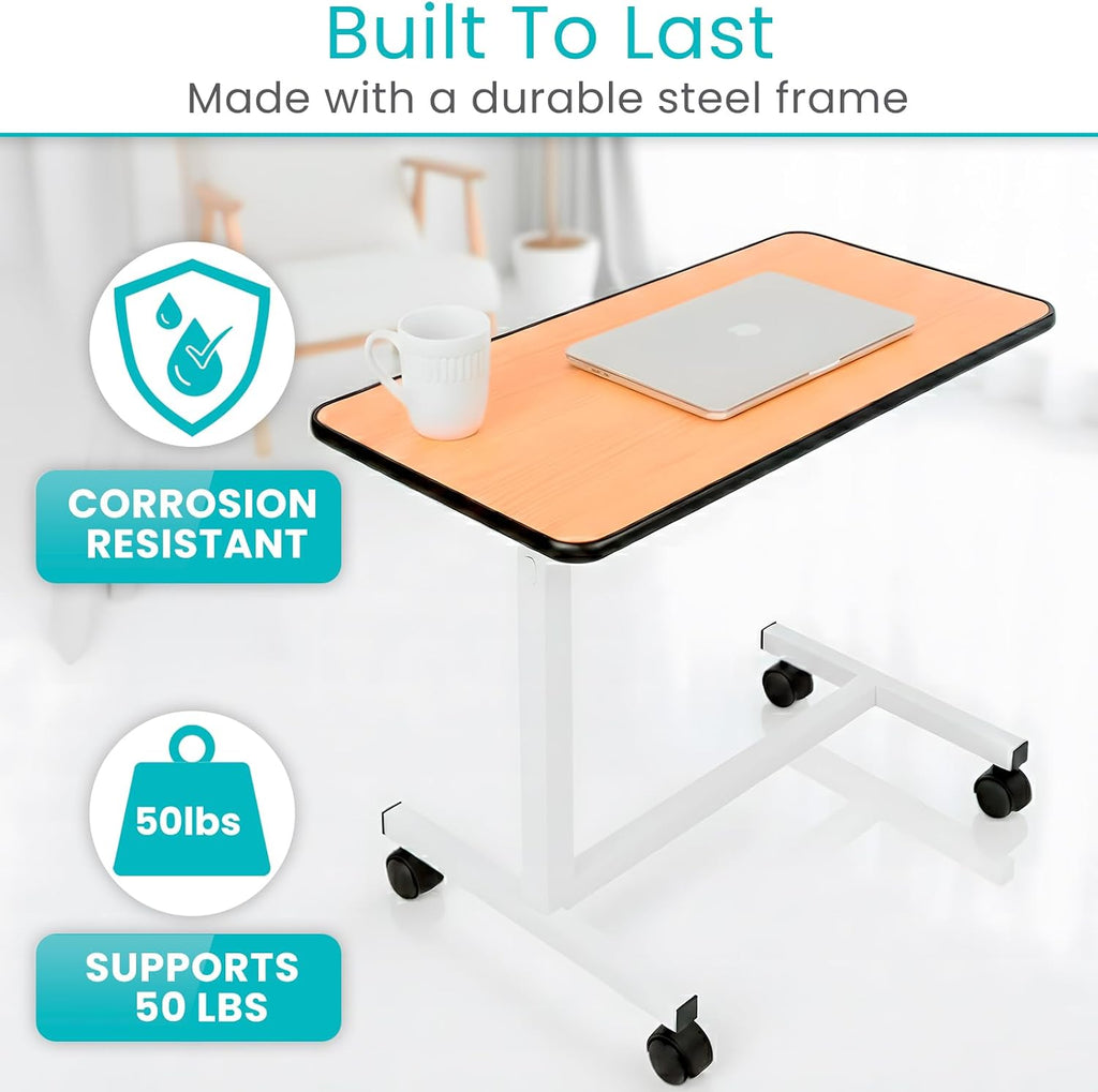 Vive Overbed Table (XL) - Hospital Bed Table - Swivel Wheel Rolling Tray - Adjustable Over Bedside Home Desk - Laptop, Reading, Eating Breakfast Cart Stand - Bedridden, Elderly (Brown)