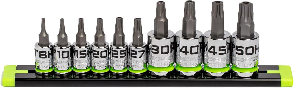 GRIPEDGE Tools | 10-PC RPT Security Star Driver Set | Sizes T8H - T50H | 1/4'' - 3/8' Drive | Made With S2 Steel | Includes Premium Aluminum Socket Rail |