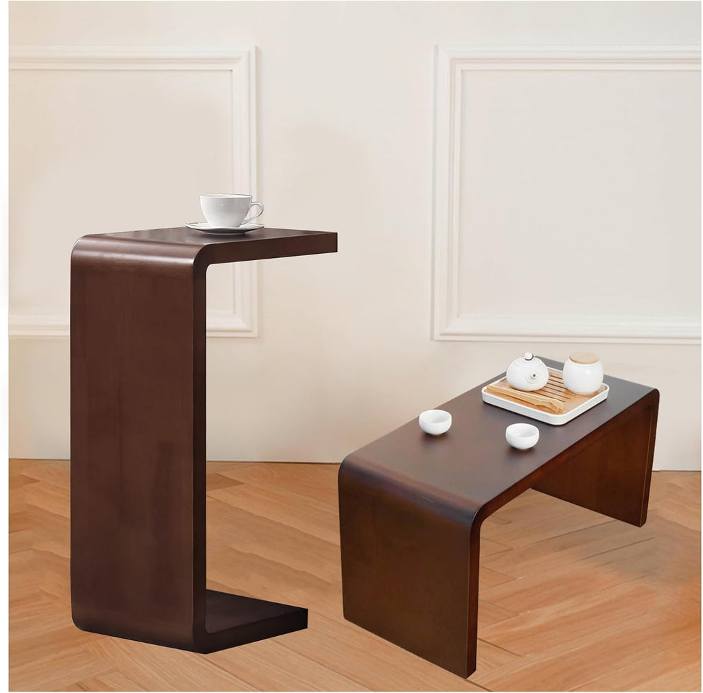 C Shaped End Table, Solid Wood Sofa Side Table for Couch, Bed, and Living Room, Space-Saving Small Snack Table for Bedroom, Office, or Balcony, Wooden Nightstand for Laptop and Narrow Spaces