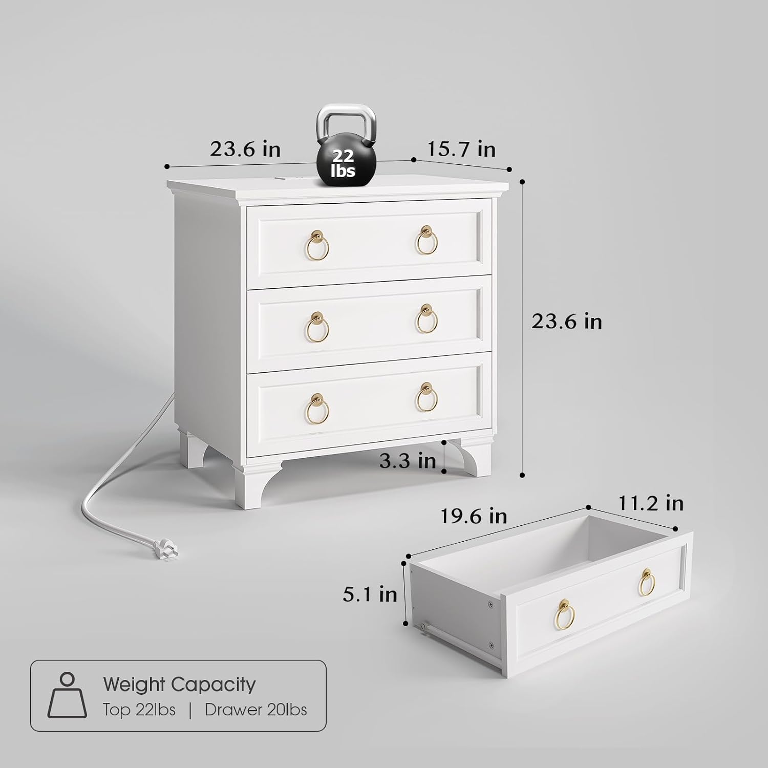 JOINICE White Night Stand with Charging Station, Modern Nightstand with 3 Drawer Storage, Large Bedside Table with Wide Desktop, 24'' Tall Sofa End Table for Bedroom, Home Office, White