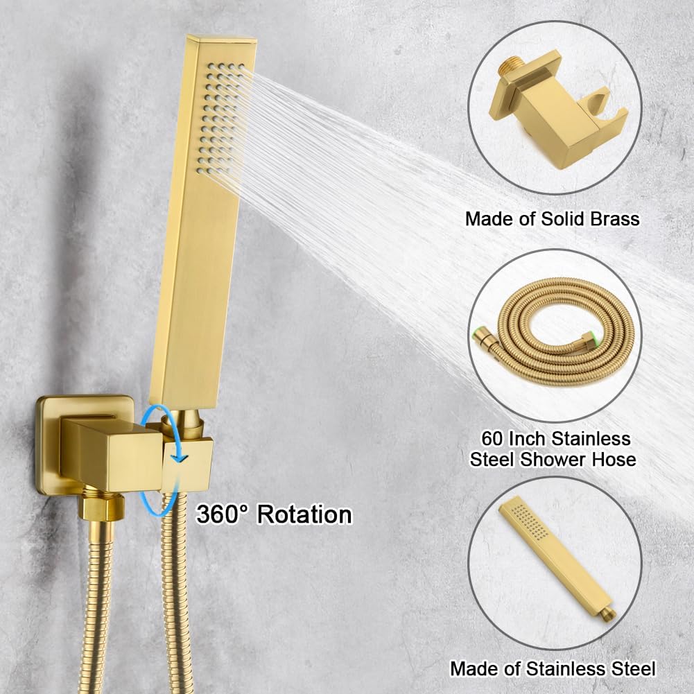 Shower Tub Faucet Set Brushed Gold Bathroom Rain Shower System with Tub Spout Wall Mounted Rainfall 10 Inch Thickened Shower Head and Handle Set Include Shower Valve and Trim Kit