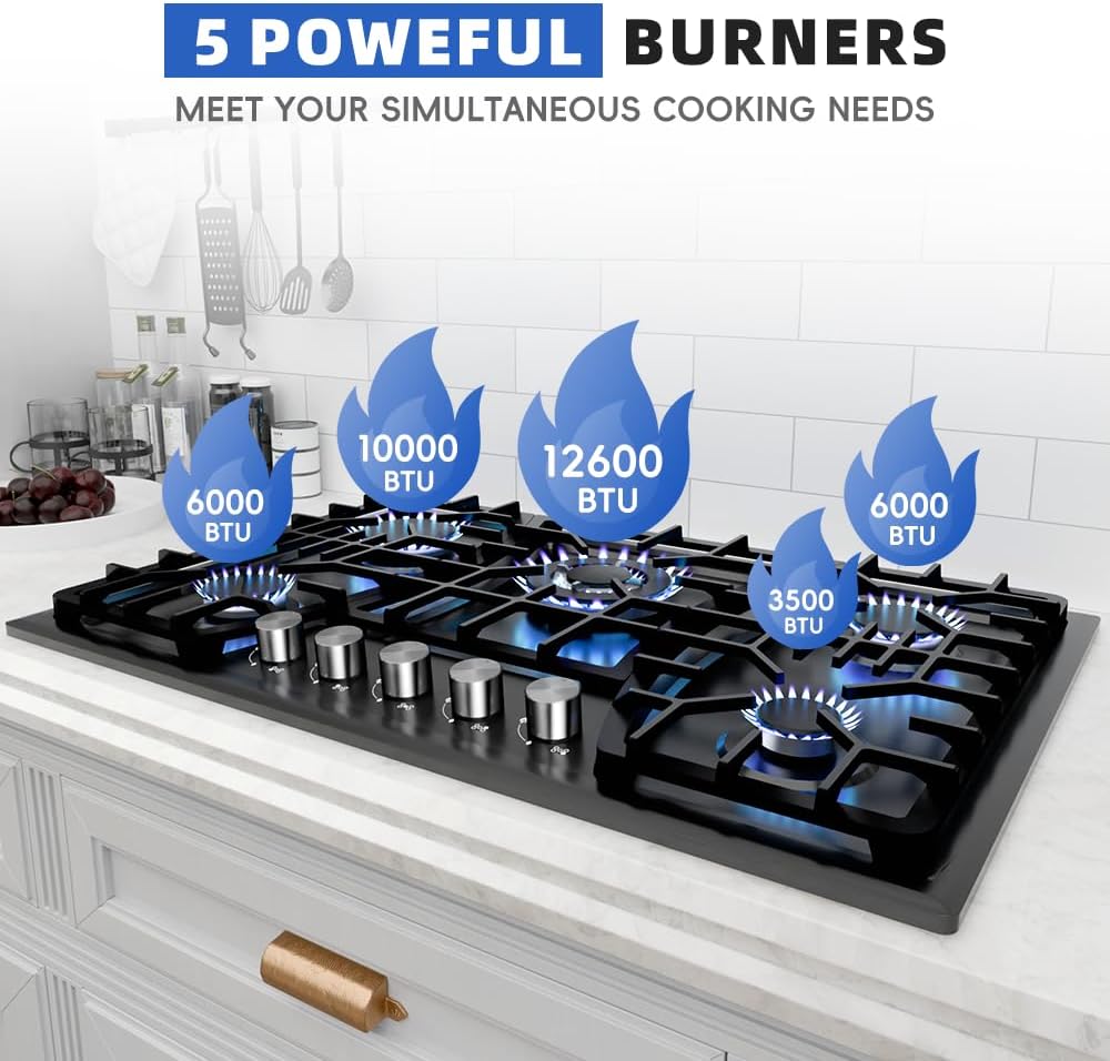 Gas Cooktop 30 Inch, 5 Burner Stove top, Built-in Propane/Natural Gas Convertible Hob, Stainless Steel Countertop Built-in with Thermocouple Protection, Black