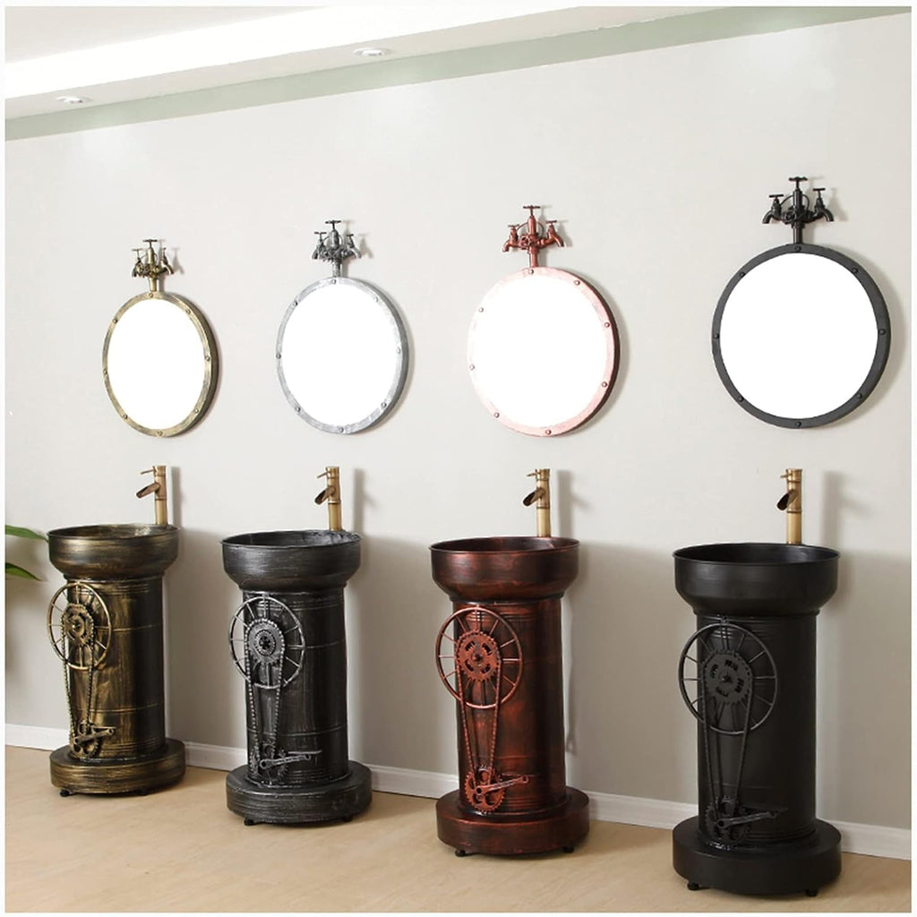 Industrial Style Pedestal Bathroom Sink - Retro Wrought Iron Vanity Unit with Faucet Mirror 43 X 47.87 Cm Ideal for Ktvs Cafes - Black Finish,2302