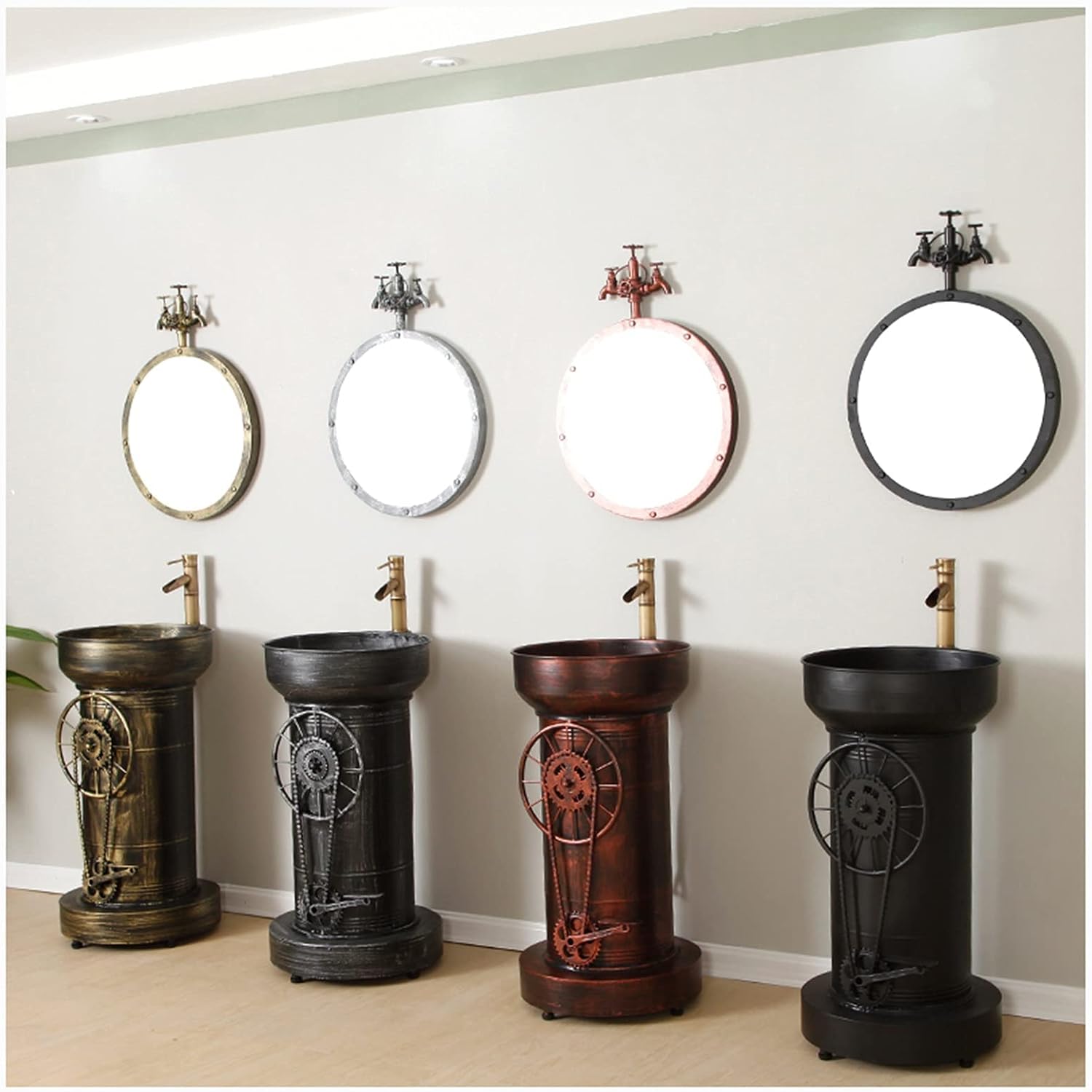 Industrial Style Pedestal Bathroom Sink - Retro Wrought Iron Vanity Unit with Faucet Mirror 43 X 47.87 Cm Ideal for Ktvs Cafes - Black Finish,2302
